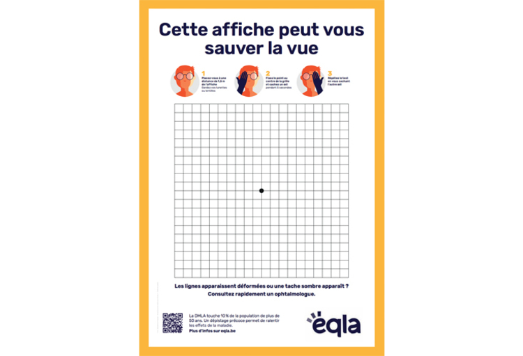 Affiche de la campagne "Ca nous regarde" de l'association Eqla représentant une grille d'Amsler et ses instructions.